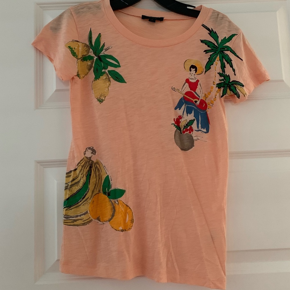 Jcrew peach tee with Spanish girl and fruit print
